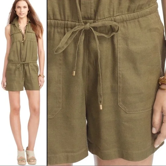 Ralph Lauren linen blend sleeveless romper olive green pockets Size 10 - Picture 2 of 8